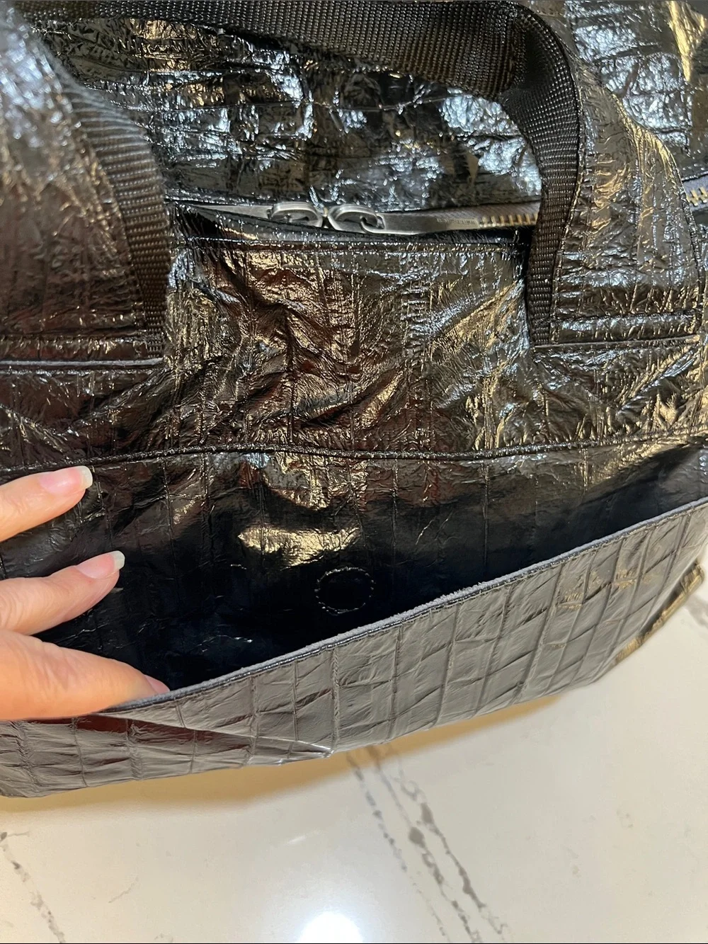 Matt & Nat Unisex Vegan Leather Black Glossy Textured Duffel W/Adjustable Strap